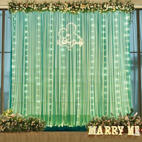 Hunter Green Tulle Backdrop Curtains with Lights String for Parites 10x8ft Sheer Backdrop Curtains Drapes for Birthday Party Bridal Shower Baby Shower Photo Booth Background Decorations - color: Hunter Green, size: 10 ft X 8 ft(2 Panels 5ft X 8ft)