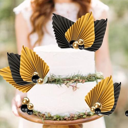 28 Pack Black Gold Balls & Palm Leaves Cake Toppers - Foam Balls & Paper Palm Leaf Cake Inserts for Birthday, Wedding, Baby Shower & Party Decorations - color: Black Gold