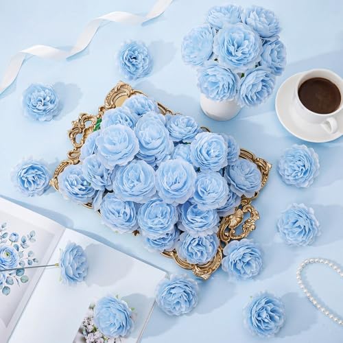 Thiccywoov 200 Pcs Flowers Long Stem Artificial Rose Bulk, 3.2 Inches Silk Rose Head Flowers Faux for Wedding Bridal Bouquet Independence Day Home Floral DIY Centerpieces Party Decoration (Light Blue) - color: Light Blue
