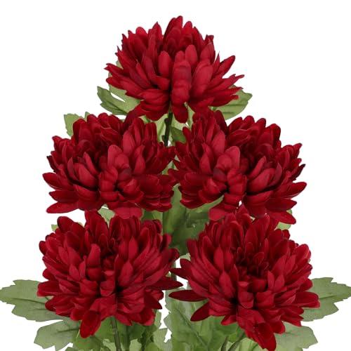 Hollyone 5Pcs Fake Mums Flowers Red Artificial Chrysanthemum Flowers Silk Long Stem Floral Arrangements Bouquets Faux Spider Mum Flower Pincushion Flower Bush Home Decor - color: Red
