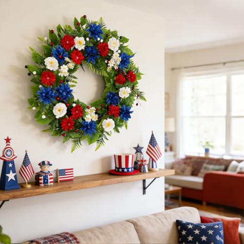 20 Inch Patriotic Wreath for Front Door, Red White Blue Flowers Wreaths with Silk Hydrangea, Daisy & Berry, USA 250th Anniversary Handmade Memorial Decorations, Americana for Porch Wall Window