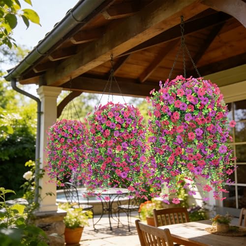 4 Pcs Artificial Hanging Flowers for Outdoor, Fake Silk Daisy Flowers Spring Summer Decoration UV Resistant Faux Plants for Planter Front Door Porch Patio Balcony Yard Decor, Purple Fuchsia - color: Purlple Fuchsia