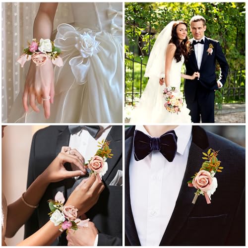 SITUMEIZI 2Pcs Pink Corsage and Boutonniere Set Wrist Corsage Bracelets and Boutonniere for Men Wedding Prom Party Suit Decor - color: Pink