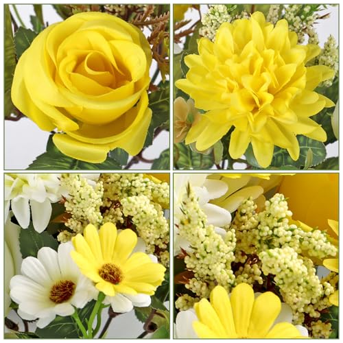 Dremisland Artificial Flowers Like Real Artificial Bouquet 4 Packs Silk Artificial Roses Bouquet with Daisy Chrysanthemum Yellow Flowers for Vase Centerpiece Table Wedding Party Decor Home Decor - color: White Yellow, size: 4PCS