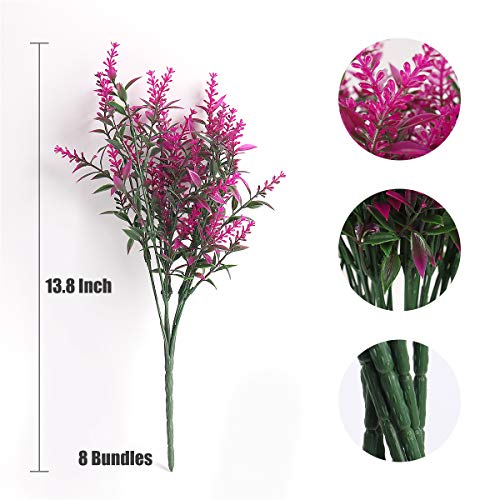 RECUTMS 8 Bundles Artificial Outdoor Lavender Flowers Fake Outside Plants | 13.8",UV Resistant Greenery,Plastic Shrubs,Faux Ferns,Spring Summer Decor,Indoor/Outdoor Hanging Decorations - color: Fuchsia, size: 8 Bundles
