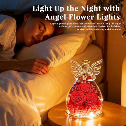 Beferr Gifts for Mom Birthday Gifts for Women, Fresh Flowers for Delivery Forever Preserved Rose in Glass Angel Figurine, Anniversary Christian Real Rose for Grandma Wife Mother from Daughter Son - color: G Red