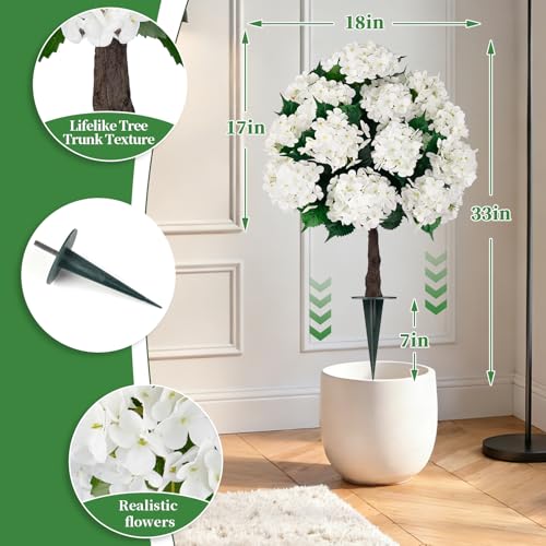 Grooy Artificial Topiary Ball Tree with White Hydrangea, Set of 2 UV Resistant Shrubs with Ground Spike, Fake Evergreen Plant Decor for Porch Garden Indoor Outdoor - color: White Hydrangea