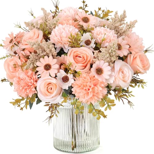 Dremisland Artificial Flowers Like Real Artificial Bouquet 4 Packs Silk Artificial Roses Bouquet with Daisy Chrysanthemum Champagne Flowers for Centerpiece Table Wedding Party Home Decor - color: Champagne, size: 4PCS