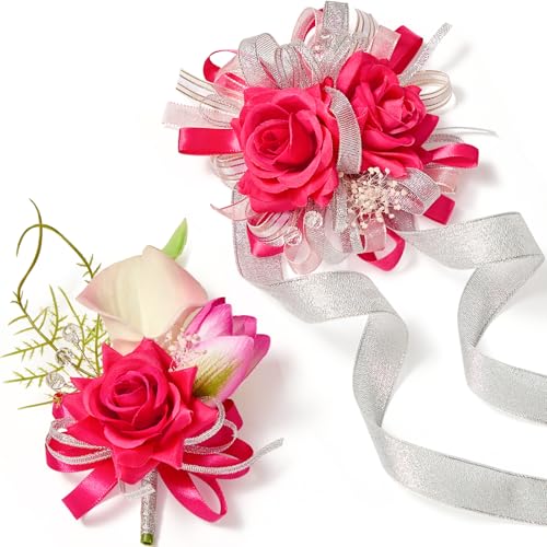 Serwalin Hot Pink Prom Corsage and Boutonniere Set, Artificial Calla Lily & Rose Wrist Corsage Wristlet for Homecoming, Formal Dance, Wedding Flowers Accessories Party Suit Decorations - color: Hot Pink