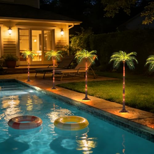 Solar Palm Tree Lights for Patio Outdoor Decoration，4.6FT Artificial Palm Tree with 110 LED Lights for Pool Tiki Bar Garden, Palm Trees with Light Up Plastic TreeTrunk and Rechargeable Remote Control