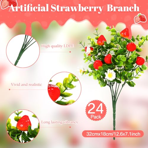 Tigeen 24 Pack Strawberry for Decoration Fake Strawberry Branches Artificial Vivid Red Faux Tables Centerpiece for Kitchen Stem Fruits for Home Spring Summer Decor - style: Strawberry
