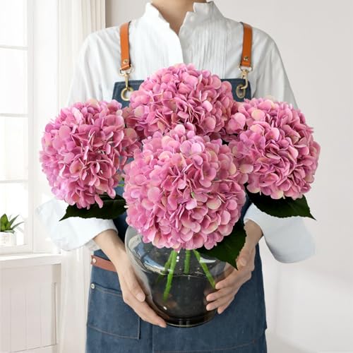 JINWOE 4pcs Pink Silk Hydrangea Fake Flowers,22" Artificial Flowers Bouquets Silk Faux Hydrangea Stems for Home Wedding Party Table Core Decoration (Pinkish Purple) - color: Pink