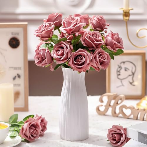 Thiccywoov 30 Pcs Rose Artificial Flowers in Bulk Lifelike Long Stem Silk Roses Bouquets Realistic Faux Flowers for Wedding Bridal Shower Home Decor Floral Arrangements Table Centerpiece(Dusty) - color: Dusty