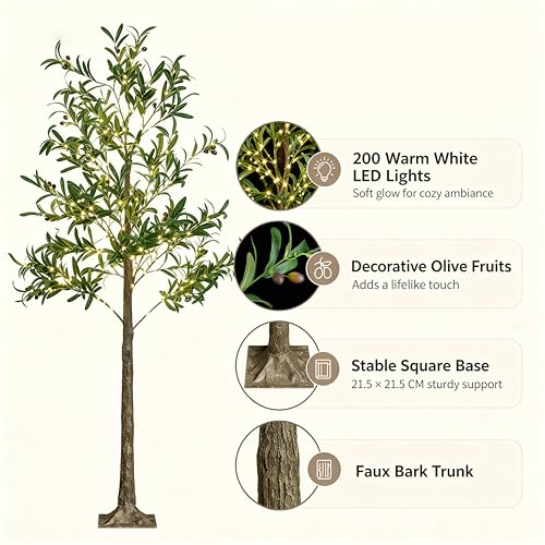 Lightshare Lighted Olive Tree with Fruit 6FT 200L Artificial Plant with Warm White Fairy Lights for Indoor Outdoor Home Party Wedding Decoration