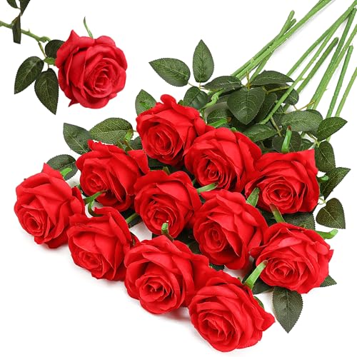 Red Fake Roses Artificial Flowers - 10 Pcs Fake Artificial Roses Silk Flowers with Stems for Home Wedding Hotel Office Centerpiece Decor - color: Red, size: 10 Pcs