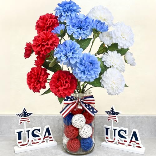 INXUGAO Artificial Flowers for Vase,6 Bunches Fake 27.5“ Long Stems Silk Pompon Dahlia for Indoor Outdoors Home Decor, Front Door Porches Yard Patio Garden Planters - [2 Red + 2 Blue + 2 White] - color: Redbluewhite