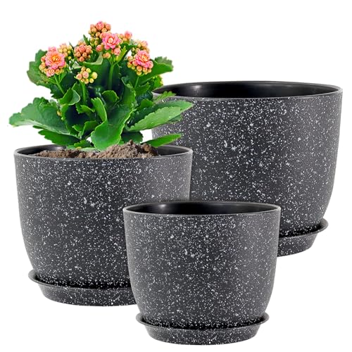 WSMKSZ Large Flower Pots 12/10/9 inch, Set of 3 Modern Decorative Plastic Planters with Drainage Holes and Saucers for Garden House Plants, Plant Pots for Indoor Outdoor Plants, Speckled White - color: Speckled Black, size: 12"+10"+9"