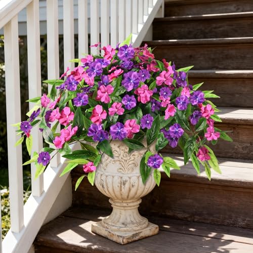 Hommyea Artificial Flowers for Outdoor, 2 Bundles UV Resistant Fake Plants Decoration Realistic Faux Silk Flowers No Fade Plastic Flowers for Outside Planters Home Porch Patio Yard Garden Decor - color: Deep Purple Hot Pink