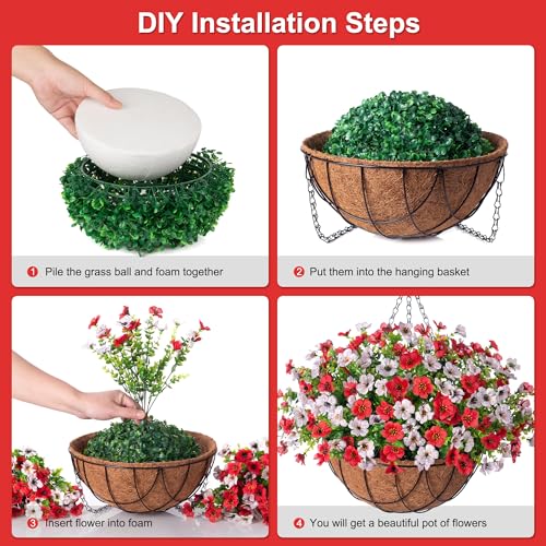 Artificial Silk Flowers Hanging Baskets Outdoors Indoors,Daisy with Eucalyptus Leaves Arrangement for Garden Yard Spring Summer Decor,Faux Green Plant in Metal Coconut Lining Flowerpot(Red and White) - color: Red and White