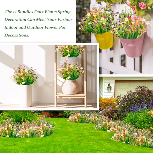 12 Bundles Artificial Outdoor Flowers Fake Silk Plants Spring Decoration Indoor Outside Hanging Plants UV Resistant Faux Flowers for Outdoor Planters Porch Window Box Garden