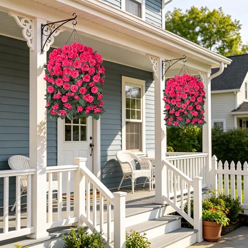 Artificial Geraniums Faux Hanging Plants Flowers Basket for Outdoors, Fake Silk Geraniums Vines in Planter UV Resistant Look Real Spring Summer Outdoor Decorations for Outside Yard Patio, Hotpink - color: Hotpink