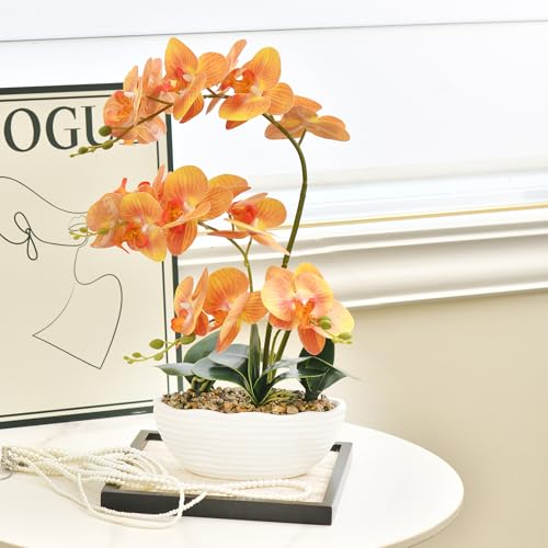 19" H Phalaenopsis Faux Orchid Plant Silk Orchid Centerpiece Artificial Floral Arrangement in Ceramic Pot (Orange) - color: Orange