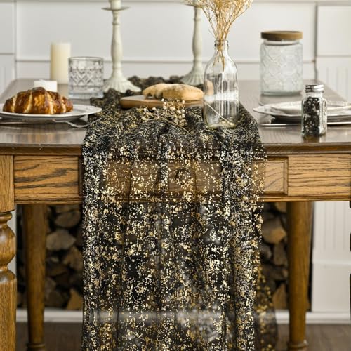 Artoid Mode Black Gold Gauze Table Runner 120 Inch 10FT, Glitter Metallic Foil Sheer Dining Wedding Anniversary Holiday Birthday Table Decor for Home Party - color: Black Gold, size: 28" x 120"