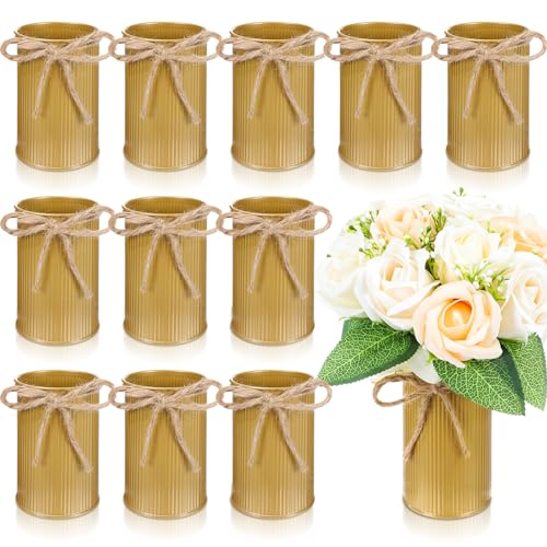 Rustic Vase for Table Centerpieces 4.33 Inch Small Petite Flower Vase with Twine Bow Vintage Farmhouse Decor for Wedding Reception Dining, Home Galvanized Metal Buckets(Gold,12 Pcs) - color: Gold