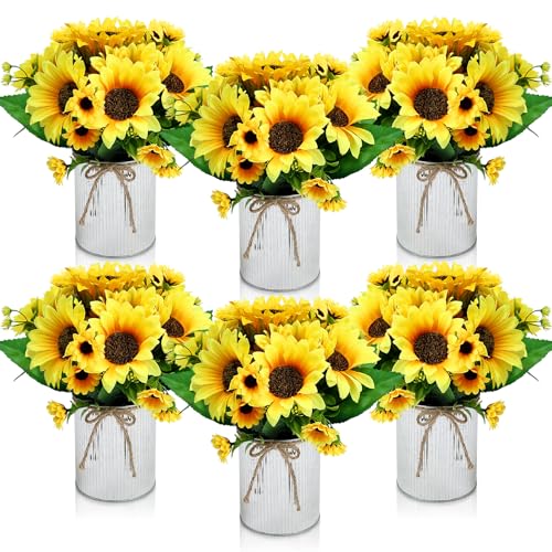 Artificial Sunflower Table Centerpieces - Set of 6 Faux Spring Summer Sunflowers Arrangements with Rustic Metal Vase for Kitchen Office Bathroom Home Farmhouse Wedding Party Decorations - color: Yellow