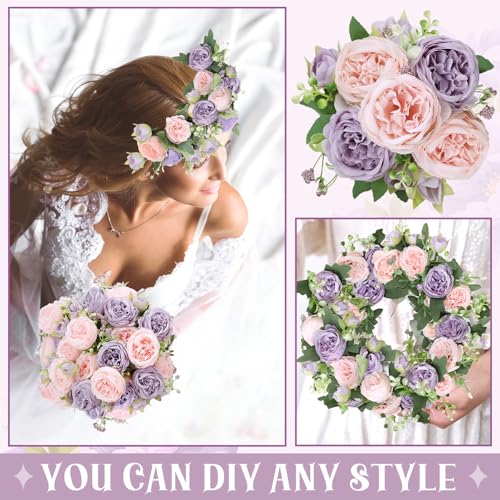8 Pack Pink, Purple Peonies Artificial Flowers, Fake Silk Hydrangea Bouquet for Bridal Wedding Home Table Decor Reusable Dining Opening Ceremony Birthday Arrangement Faux Floral - color: Pink,purple