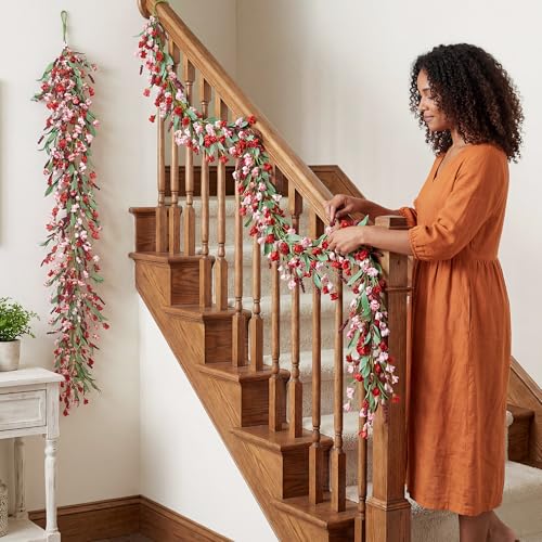 Artgar Flower Garland 6Ft Spring/Summer Garland Floral Garlands for Mantle All Year Round Paper Garlands Decor for Indoor Outdoor Home Wedding Arch Porch Stair Backdrop Year Round Decor (Red Pink) - color: Red Pink (6ft)