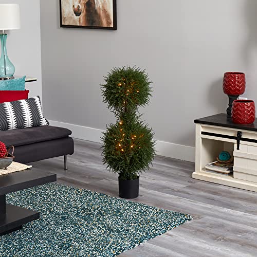 Nearly Natural 40in. Artificial Cedar Double Ball Topiary with Lights - size: 40in.