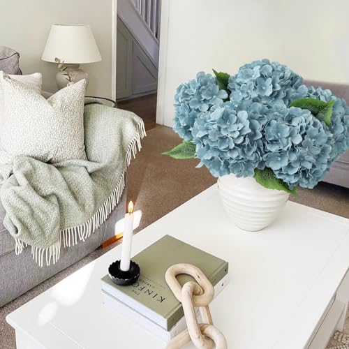 JINWOE Grey Blue Large Lifelike Silk Artificial Hydrangeas, 5Pcs 20Inch Full Fake Flowers for Bouquet Table Centerpieces Wedding Indoor Home Outdoor Baby Showers Decoration - color: Grey Blue