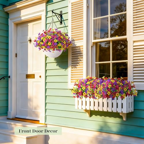 Der Rose 2 Pack Artificial Hanging Flowers Basket for Faux Plants Outdoor Spring Summer Decoration UV Resistant Fake Flowers for Patio Balcony Farmhouse Decor