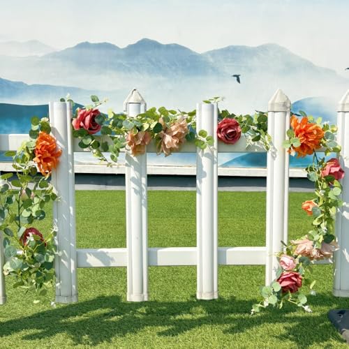 Artificial Flower Garland，6.5Ft Fake Dahlia Rose Floral Eucalyptus Greenery Garland Vine for Wedding Arch，Table Runner Centerpieces Backdrop Room Wall Hanging Plant Decor（Orange） - color: Orange