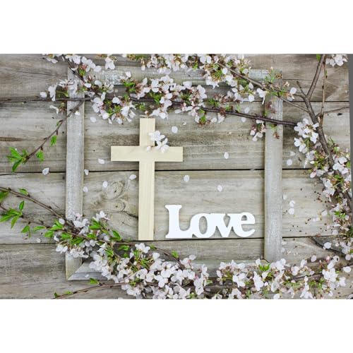 Rustic Wooden Board Cross Backdrop Word Love Spring Branches Blossoms Flower Petals Photography Backdrop Jesus Christian Church Event Party Background Decors Easter Festival Photo Props 6x4ft - color: Grey, size: 6x4ft