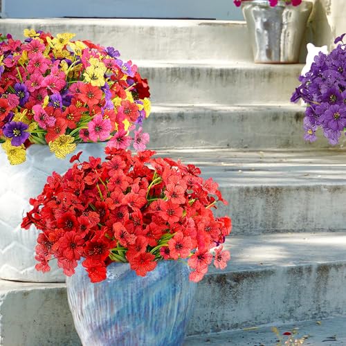 16 Bundles Red Summer Flowers Artificial Outdoor UV Resistant Fake Flowers Summer Outdoor Porch Decor Outside Artificial Plants for Window Box - color: C - Red