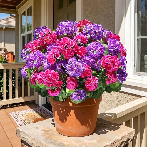 Fake Geraniums Artificial Flowers for Outdoors, 6 Bundles Silk Geraniums Flowers Realistic UV Resistant Fake Plants Faux Flowers for Outside Planters Front Door Garden Balcony Yard Porch Indoor, Mix - color: 3 Purple, 3 Fuchsia