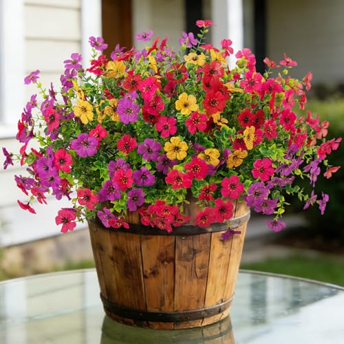 ADXORA 12 Bundles Artificial Flowers,Faux Plants for Spring Summer Decoration, UV Resistant Colorful Violets Eucalyptus for Outside Home Planter Porch Patio Yard Decor - color: Purple,red,yellow,hot Pink