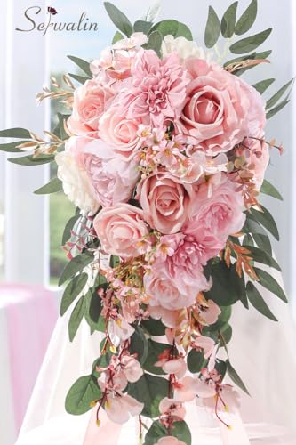 Serwalin 11 Inch Wedding Bouquets for Bride Bridesmaid, Dusty Pink Rose Bridal Bouquets for Bride, Wedding Flowers Bouquet Tossing Bouquet, Wedding Ceremony and Anniversary Decoration - color: A Dusty Pink