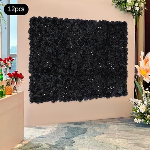 12Pcs Artificial Flower Wall Panel 15" X 15" Flower Wall Decor Backdrop Panels Floral Backdrop Wall Faux Flower Panel for Home Party Wedding Photo Backgdrop Decor (Black) - color: Black