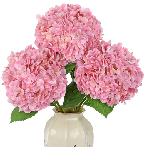 Large Real Touch Hydrangea Artificial Flowers with Stems, 8" Full Bloom Fresh Touch Faux Hydrangea Bouquet for Vase Decor, Wedding Centerpieces, Home Table Arrangement 25.5” Tall Pink Hydrangeas - color: Lpink-l
