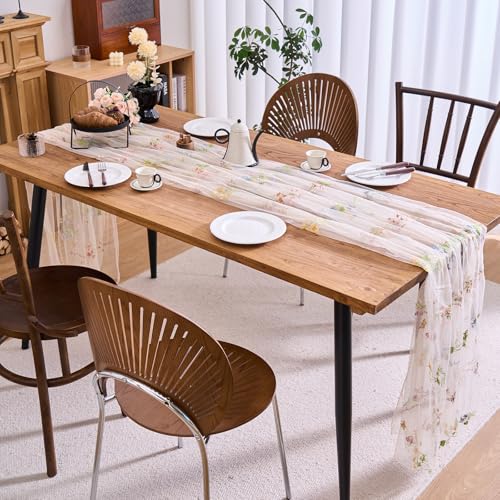vctops 2 Packs Embroidery Lace Fall Table Runner 10ft Floral Garden Seasonal Tulle Table Runner Holiday Kitchen Dining Table Decoration for Wedding Party Baby Shower Birthday (Beige,30"x120") - color: Beige