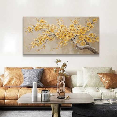 Modern Tree Of Life Wall Art Canvas Prints Ready To Hang Home Wall Decor Golden Yellow Flowers Wall Art Decorations For Living Room Kitchen Bedroom Office Decor 24x48 Inch - color: Yellow, size: 48"L x 24"W
