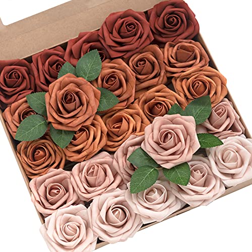 Ling's moment Artificial Flowers, 25Pcs 3" Roses in Amber Shades, Realistic DIY Foam Floral Decor for Wedding Bouquets/Centerpieces, Outdoor Party Backdrops, Room/Table, and Garden/Pot Decorations - color: Shades of Terracotta, size: 25Pcs