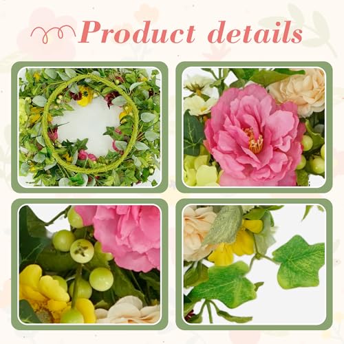 YNYLCHMX 20" Spring Summer Wreaths for Front Door, Artificial Floral Wreath with Peony and Eucalyptus Leaves, Green Foliage Wreath for Wall Window Farmhouse Party Holiday Home Decor - color: Colorful Peony