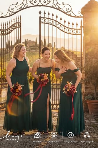 Ling's moment Burgundy & Burnt Orange Artificial Wedding Flower Bouquets for Bridesmaids Red Floral Bouquet Bridesmaid Bouquets with Ribbon Ceremony Anniversary,7-inch Diameter - color: Rd-burgundy & Burnt Orange