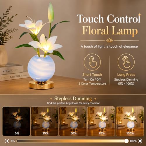 Lily Table Lamp, 3 Color Planet Night Light, Rechargeable Cordless Touch Dimming Artificial Flower Light, LED Flower Bedside Lamp Romantic Gifts for Girl Women Mom (White Lily) - color: White Lily