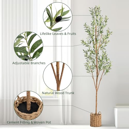 7ft Artificial Olive Tree with LED Fairy Lights & Woven Planter - Lifelike Faux Silk Plant with Realistic Leaves & Fruits and Natural Trunk for Indoor Home Office Living Room Bedroom Foyer Decor - size: 6ft 11in