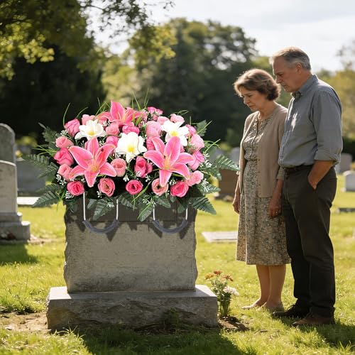 Cemetery Flower Saddle - Grave Flowers for Cemetery,Artificial Rose, Lily & Orchid Arrangement for Headstone - All-Weather Grave Decor for Outdoor Tombstone Headstone Decorations (Pink) - color: Pink